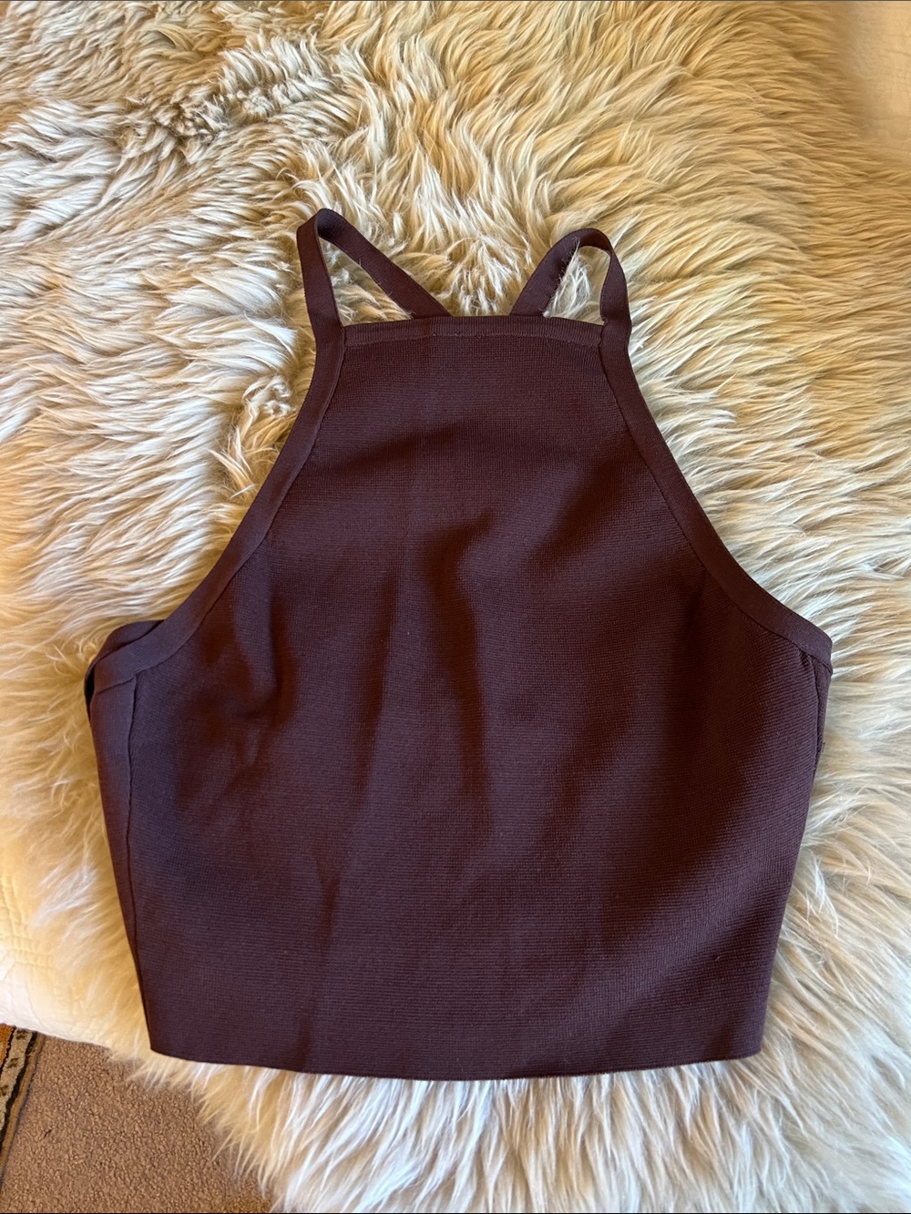 Square Neck Cropped Tank Top  Criss Cross Tie Back in Chocolate Deep Plum - L